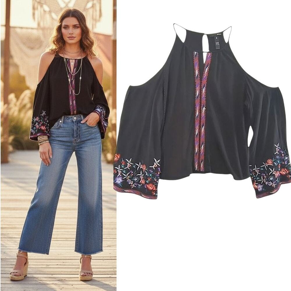 Aqua Boho Top Women's Sz S Black Flowy Embroidered Bell Sleeve Peasant Blouse